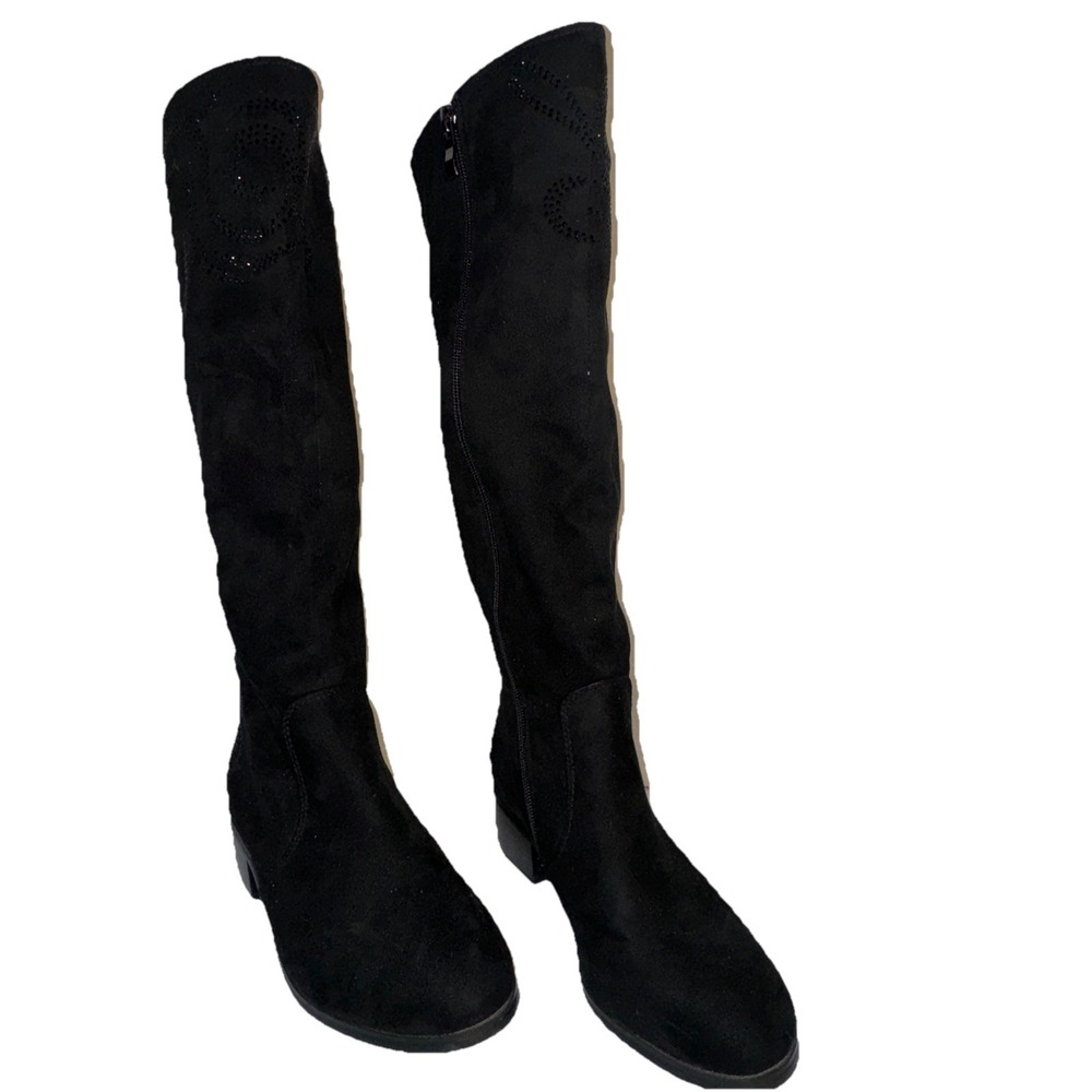 AzuraKnee‎ High Boots Womens 8 Black Faux Suede Rhinestone Block Heel Zip